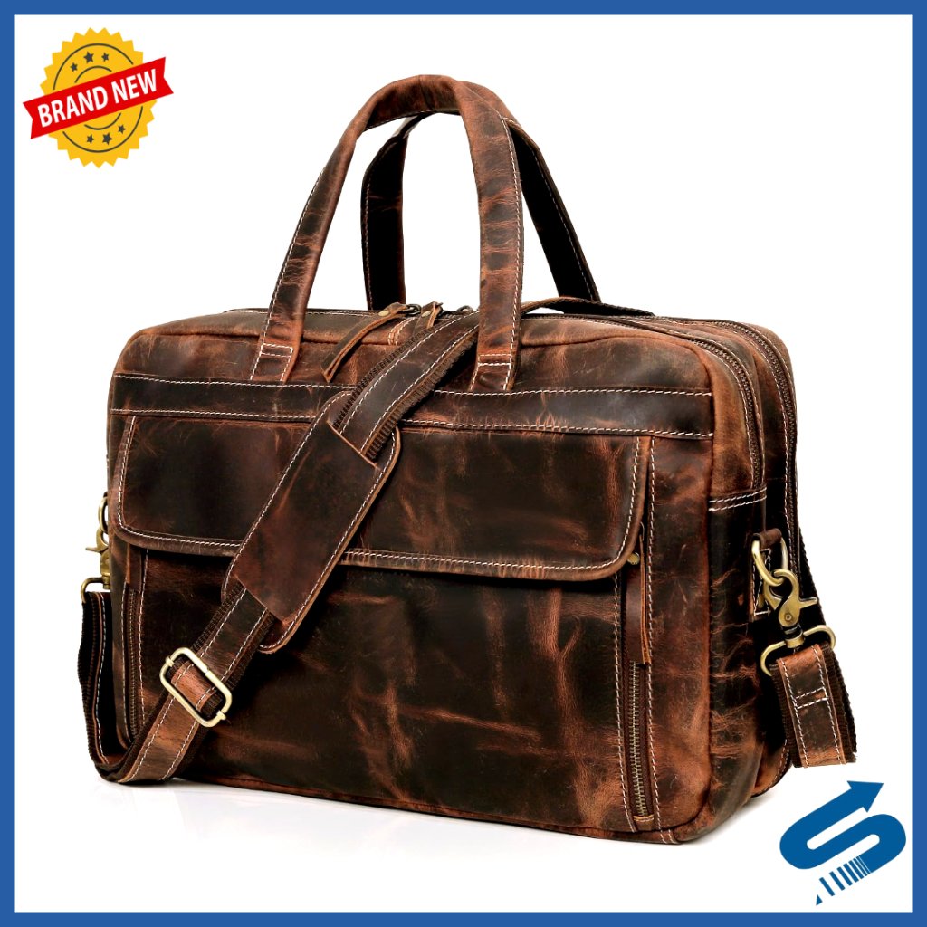 Full Grain Italian Leather Briefcase Men's Laptop Bag Multiple Compartments